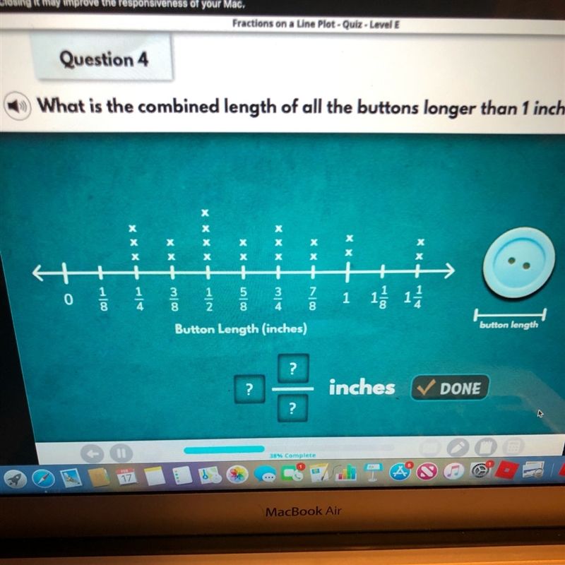 What is the combined length of all the buttons longer than 1 inch-example-1