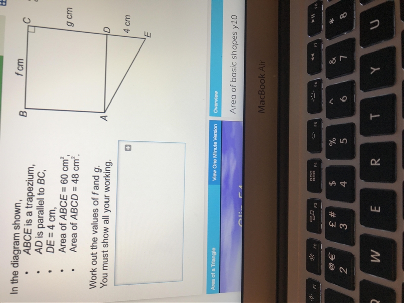 ABCE is a trapet AD is parallel to BC DE=4cm area of ABCE=60cm?area of ABCD=48cm work-example-1