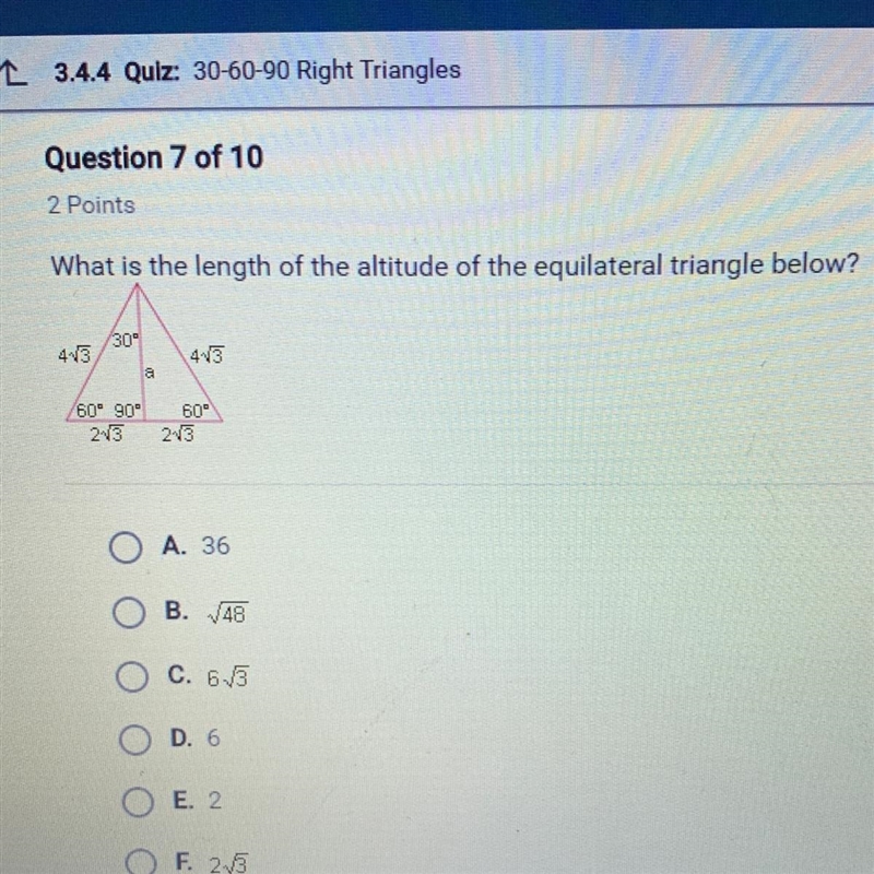 What is length of the altitude of the equilateral triangle below?-example-1