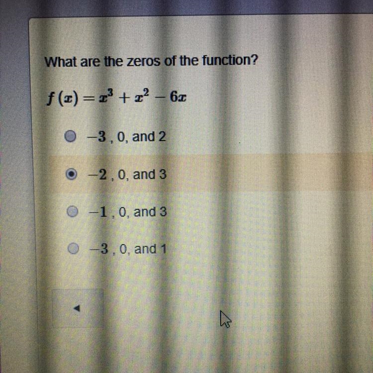 What are the zeros of the function f(x)=x^3+x^2-6x PLEASE HELP ASAP!!-example-1