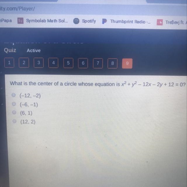 What is the center of a circle whose equation is x^2+y^2-12x-2y+12=0-example-1