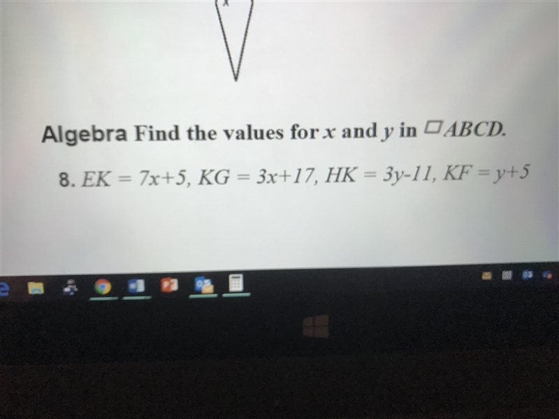 Find the values of x and y : EK= 7x+5, KG= 3x+17, HK= 3y-11, KF= y+5 NEED ANSWER ASAP-example-1