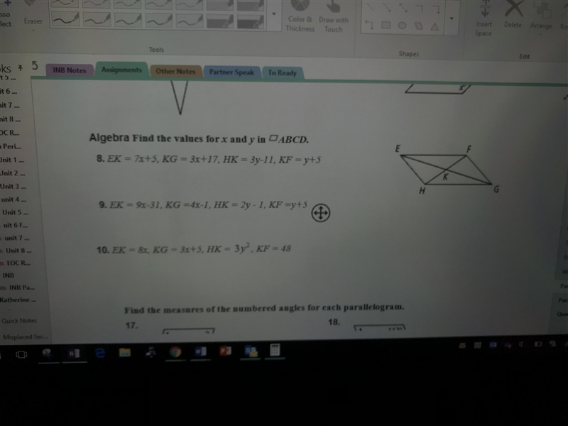 Find the values of x and y : EK= 7x+5, KG= 3x+17, HK= 3y-11, KF= y+5 NEED ANSWER ASAP-example-2