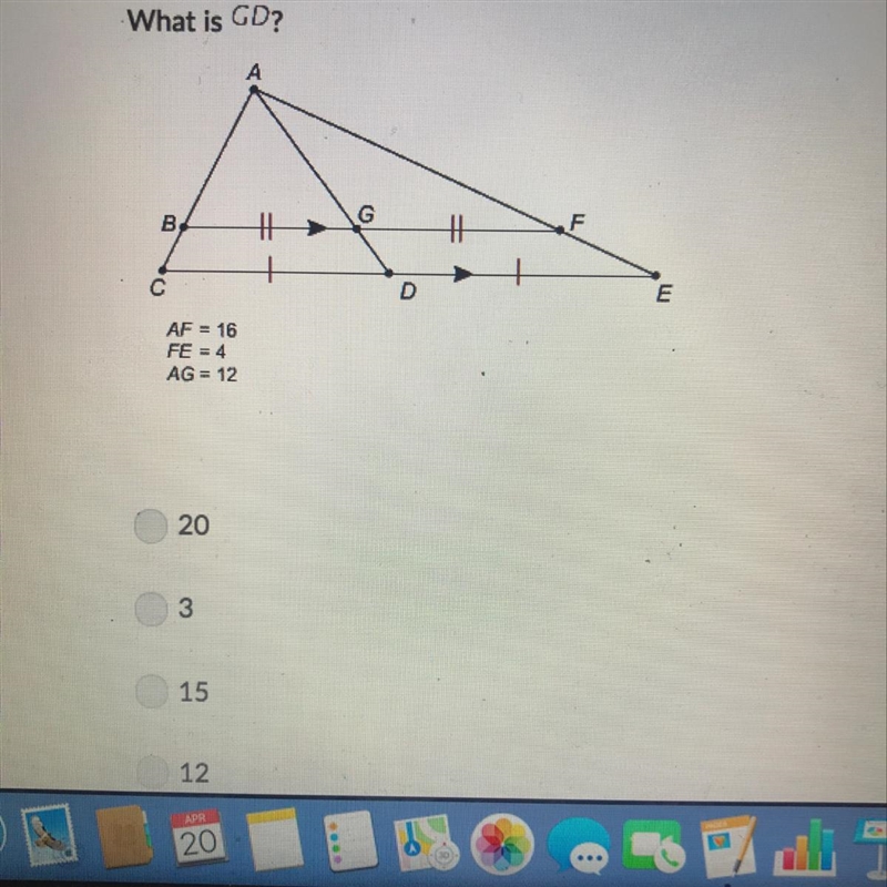 What’s GD Answers a. 20 b. 3 c. 15 d. 12-example-1