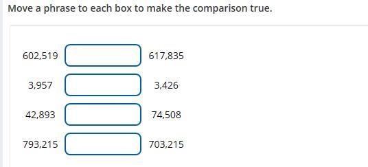 Move a phrase to each box to make the comparison true.-example-1