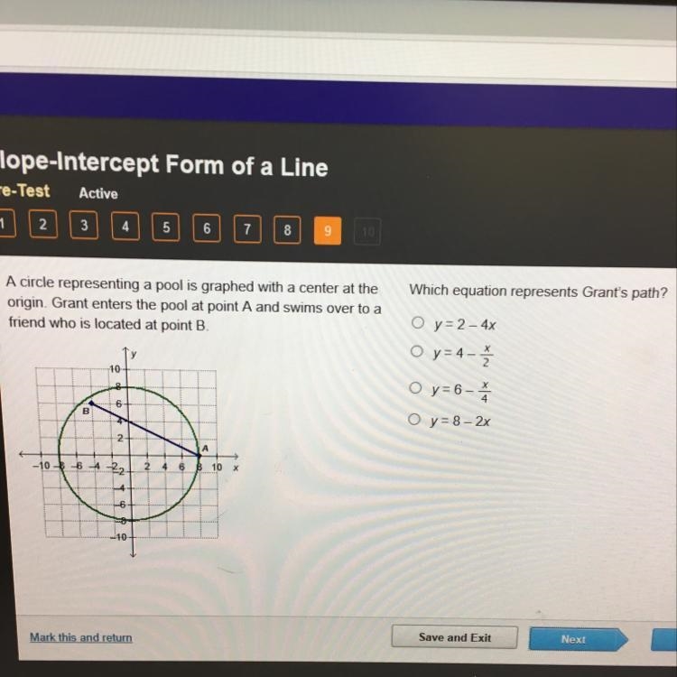 Which equation represents Grant's path? A circle representing a pool is graphed with-example-1