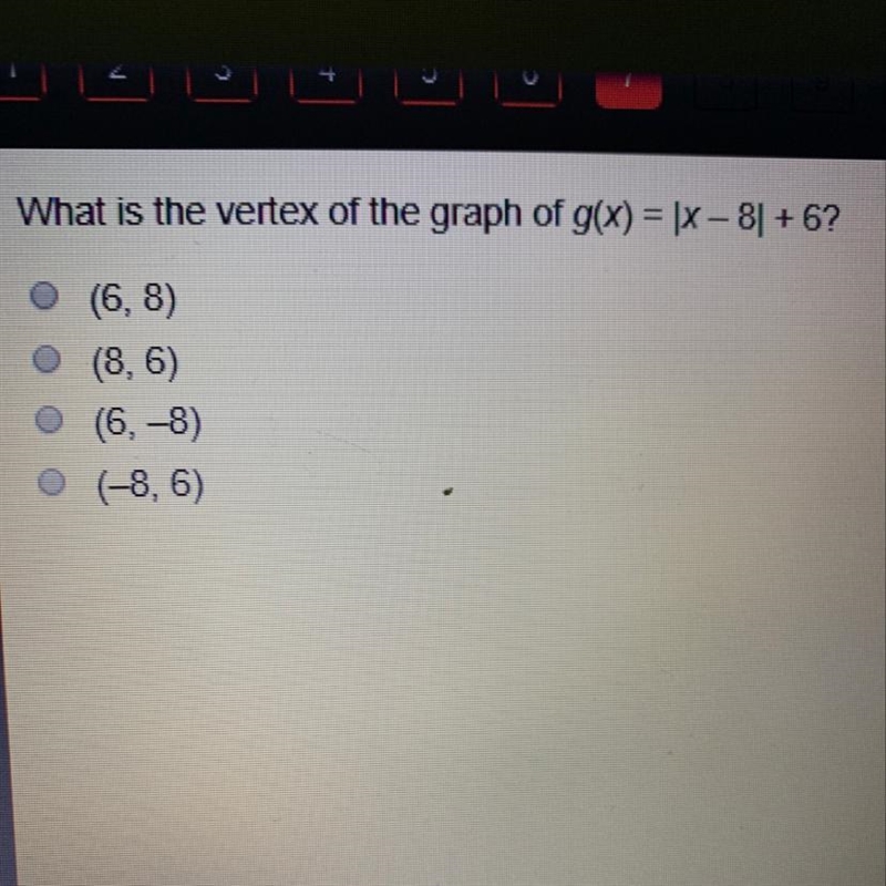 What is the vertex of the graph of g(x) = (X - 8)+ 6? (6,8) (8,6) 6.-8) (-8,6)-example-1