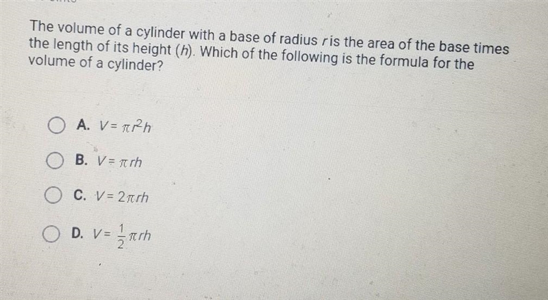 The volume of a cylinder with a base of radius ris the area of the base times the-example-1