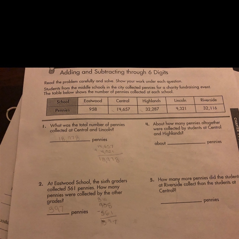 4) About how many pennies altogether were collected by students at central and highlands-example-1