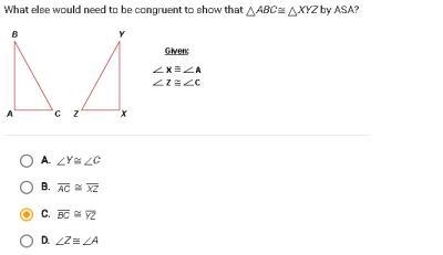 What else would need to be congruent to show that ABC = XYZ by ASA?-example-1