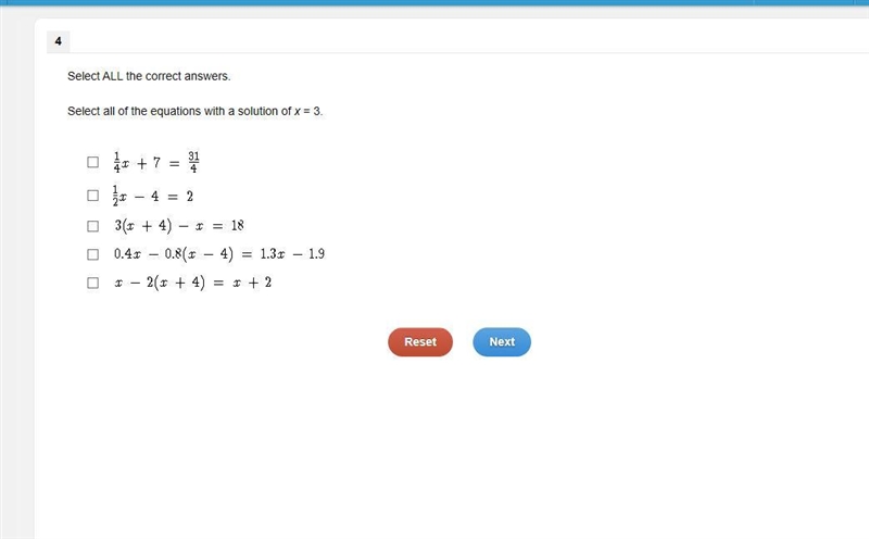 Select ALL the correct answers. Select all of the equations with a solution of x = 3.-example-1