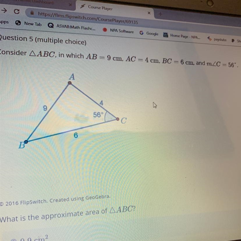 What is the approximate area of ABC?-example-1