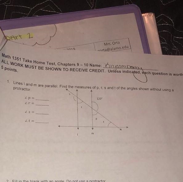 Lines L and M are parallel. Find the measures of p,r,s and t-example-1