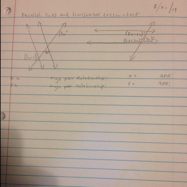 I need help I need answers x and y and the angle pair relationship Apr just stands-example-1