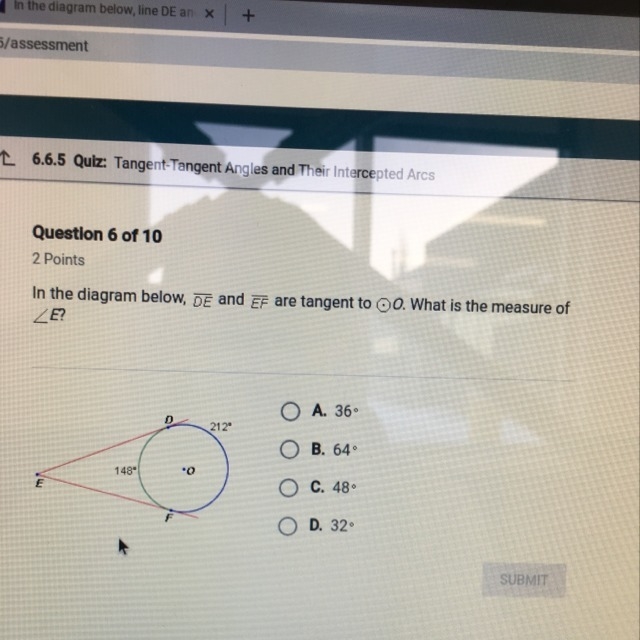 In the diagram below de and ef are tangent to o what is the measure of E-example-1