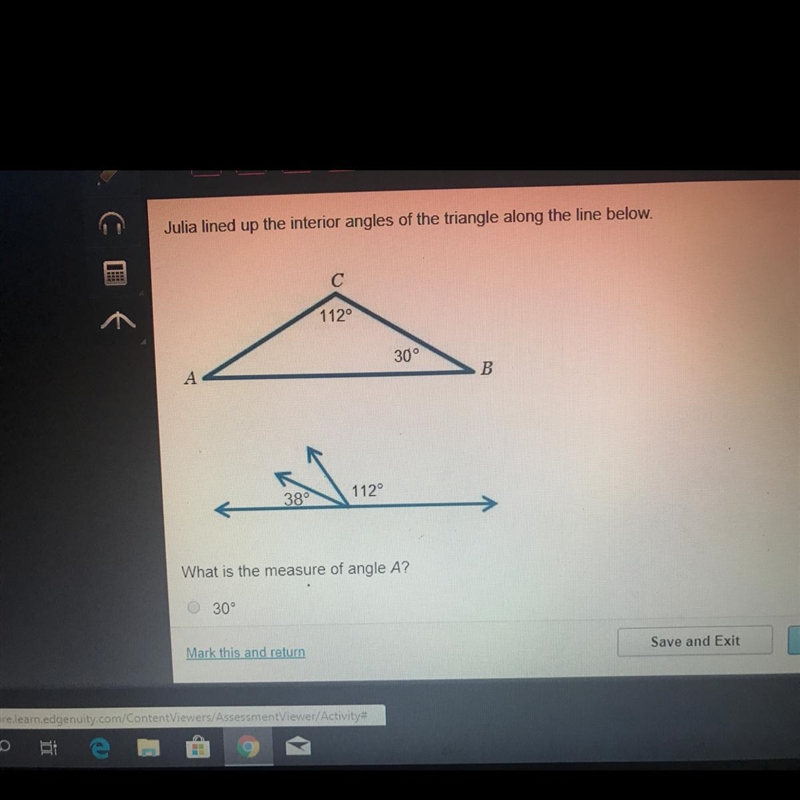 Julia lined up the interior angles of the triangle along the line below. What is the-example-1