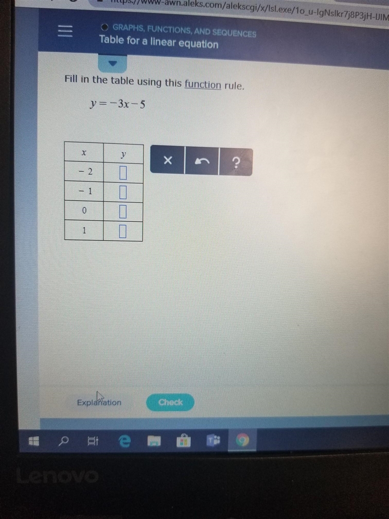 Fill in the table using this function rule. y=-3x-5-example-1