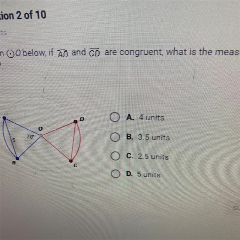 Given O below, if AB and CD are congruent, what is the measure of chord CD?-example-1