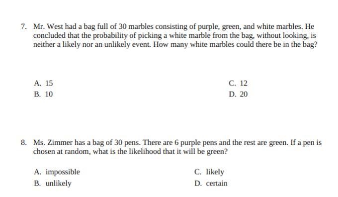 7. Mr. Westhad a bag full of 30 marbles consisting of purple, green, and white marbles-example-1