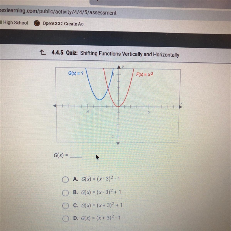 The graphs below have the same shape. What is the equation of the blue graph?-example-1