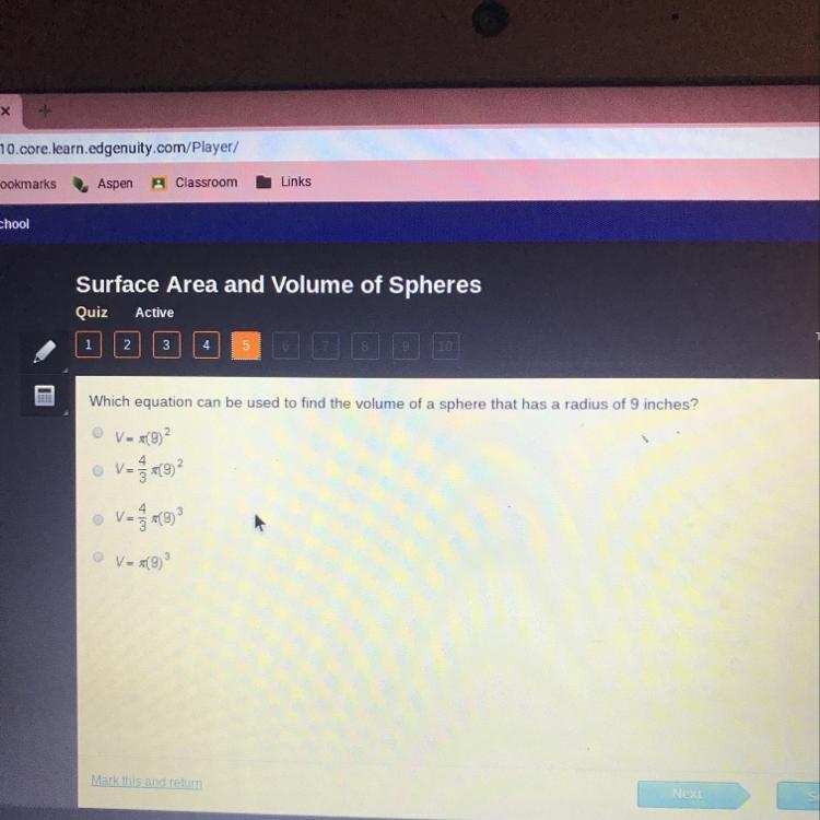 Which equation can be used to find the volume of a sphere that has a radius of 9 inches-example-1