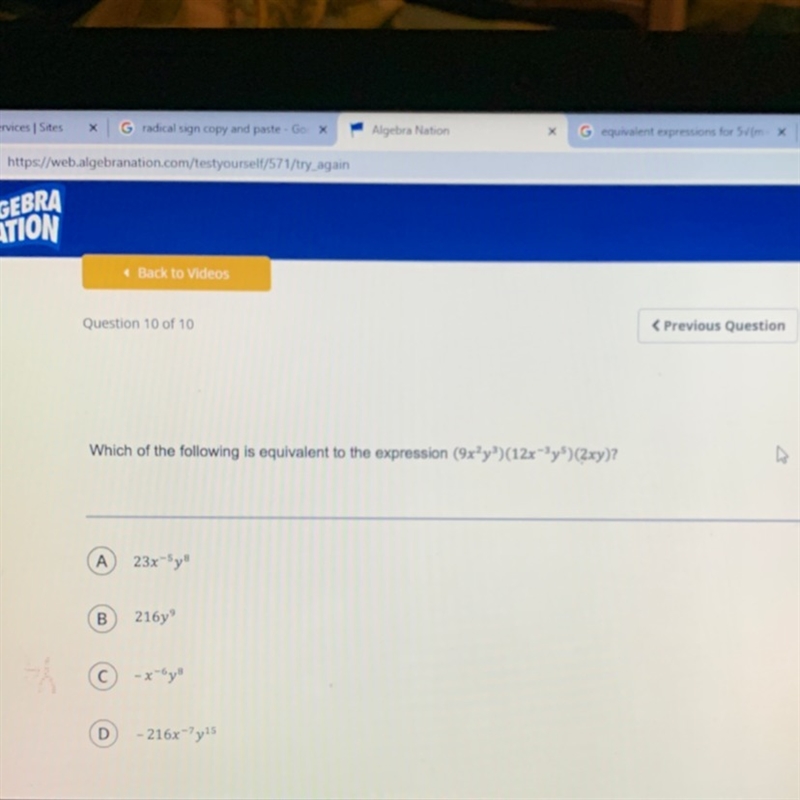 Which of the following is equivalent to the expression (9x^2y^3)(12x^-3y^5)(2xy)?-example-1