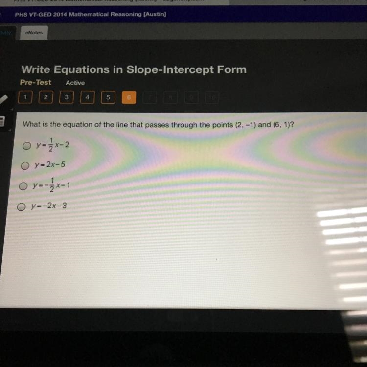 What is the equation of the line that passes through the points (2,-1) and (6,1)?-example-1