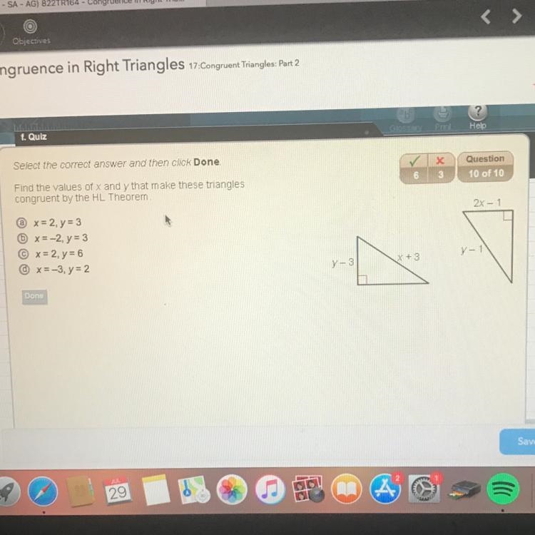 Find the values of x and y that make these triangles congruent by the HL theorem-example-1