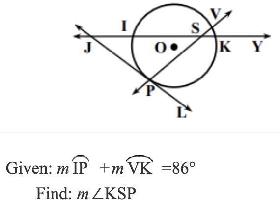 25 POINTS FOR ANSWER AND EXPLANATION: Given: m IP + m VK = 86° Find: m∠KSP-example-1