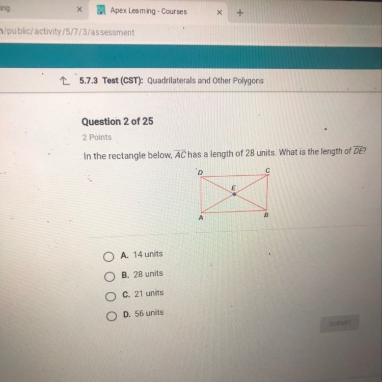 In the rectangle below, AC has a length of 28 units. What is the length of DE-example-1