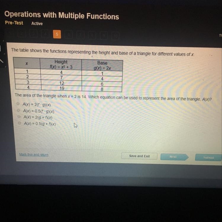 The table shows the functions representing the height and base of a triangle for different-example-1