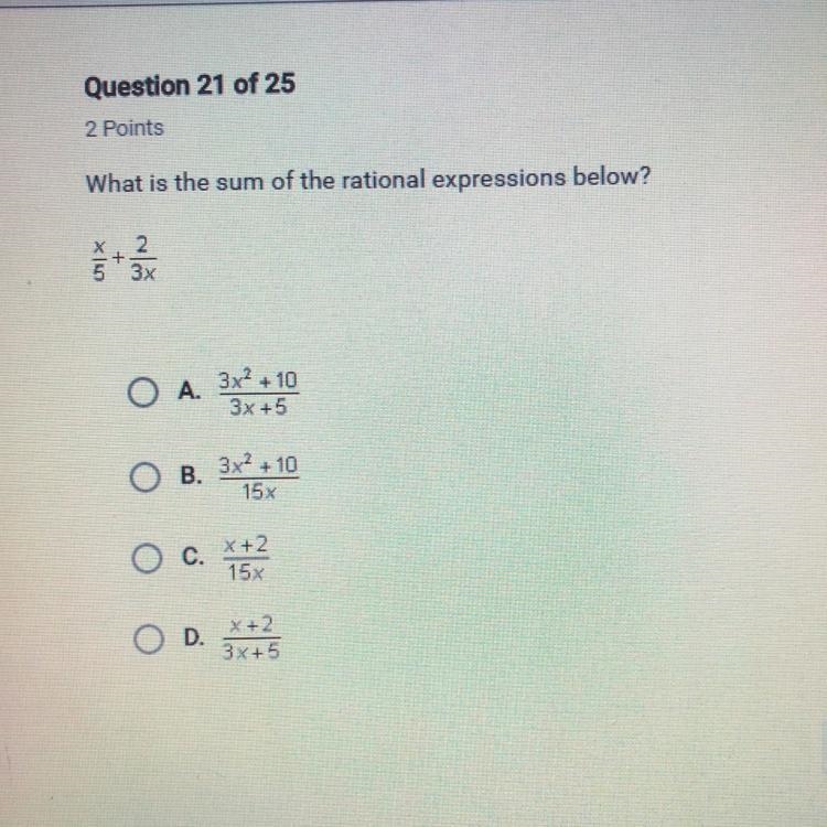 What is the sum of the rational expressions below? x/5+2/3x-example-1