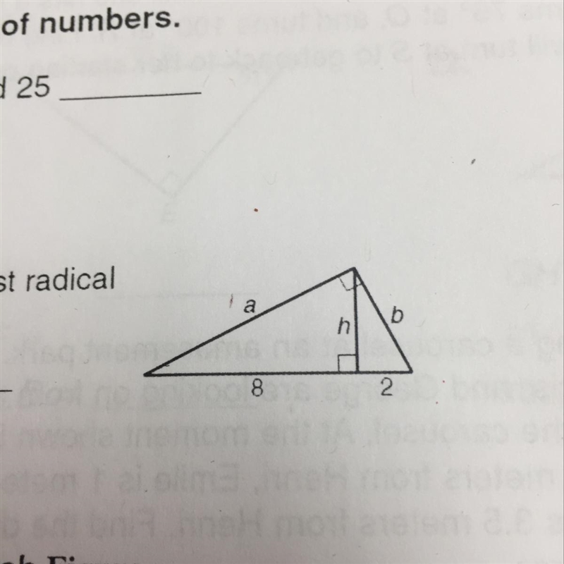 Find h, a, and b. Write your answer in simplest radical form, if necessary.-example-1