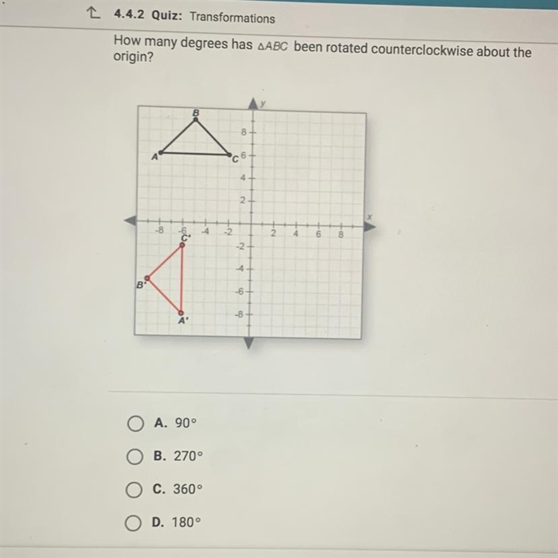 How many degrees has ABC been rotated about the origin?-example-1