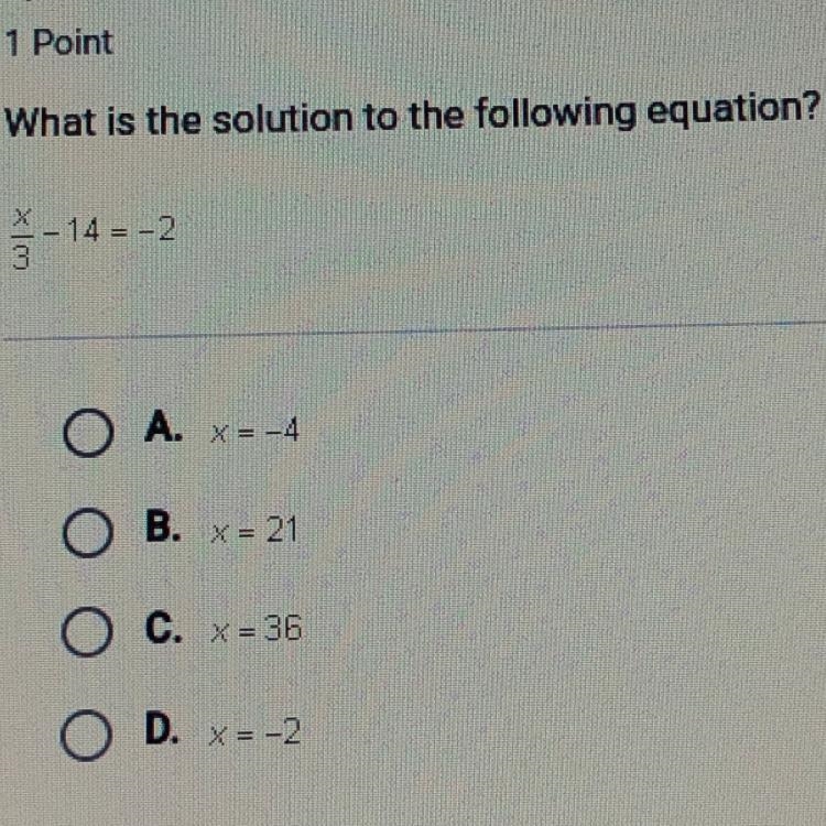 What is the solution to the following equation? x/3-14=2-example-1