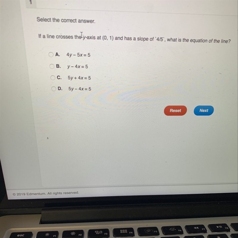 If a line crosses the y-axis at (o,1) and has a slope of 4/5 what is the equation-example-1