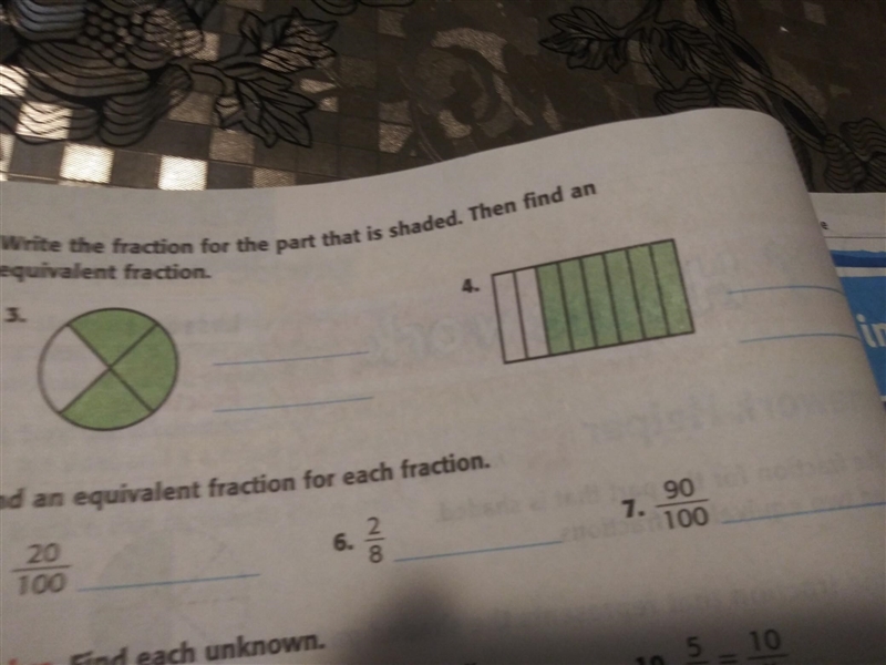 Write the fraction for the part that is shaded.Then find an equivalent fraction.-example-1