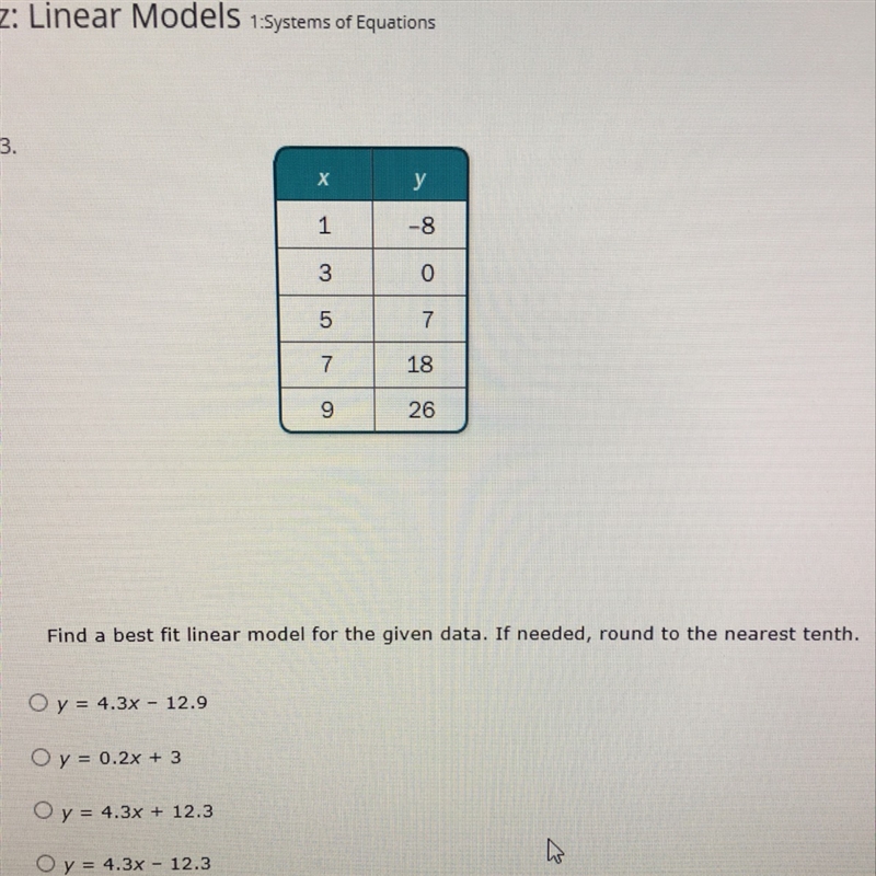 Find a best linear model for the given data. If needed, round to the nearest tenth-example-1