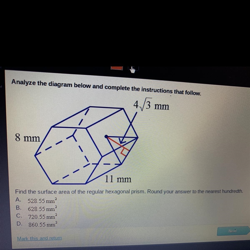 Find the surface area of the regular hexagonal prism. Round your answer to the nearest-example-1