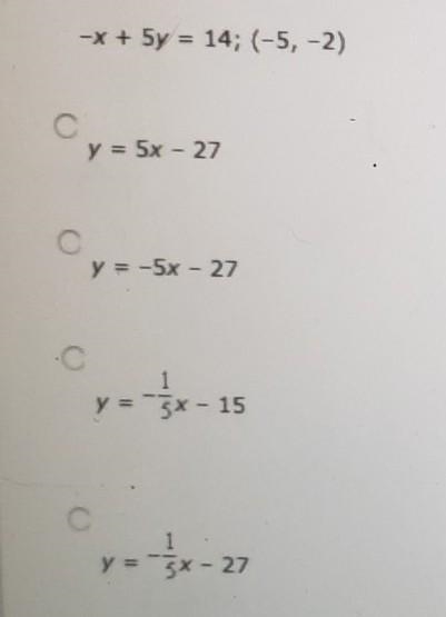 write the equation of a line that is perpendicular to the given line and that passes-example-1