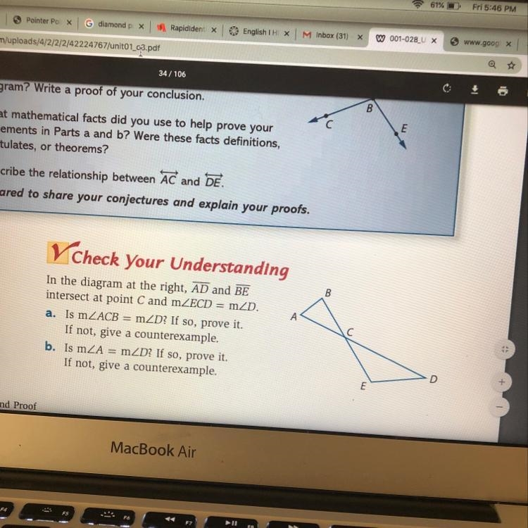 I need help with B. The teacher said we can plug numbers into the angles to prove-example-1