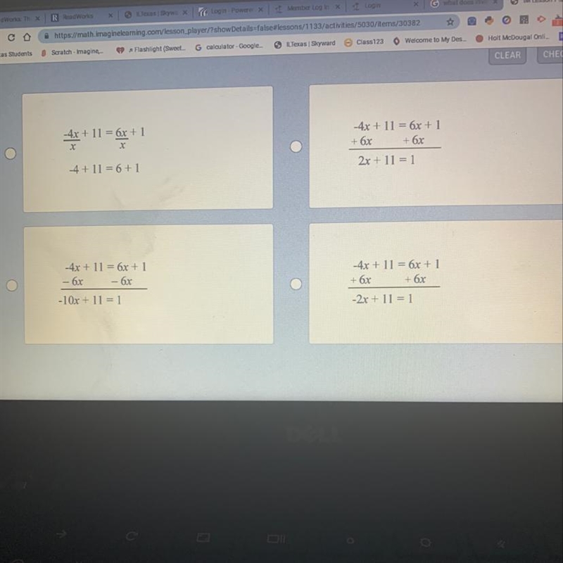 Ronald started solving the equation -2(2xC – 4)+3 = 6x +1. Which is a correct next-example-1