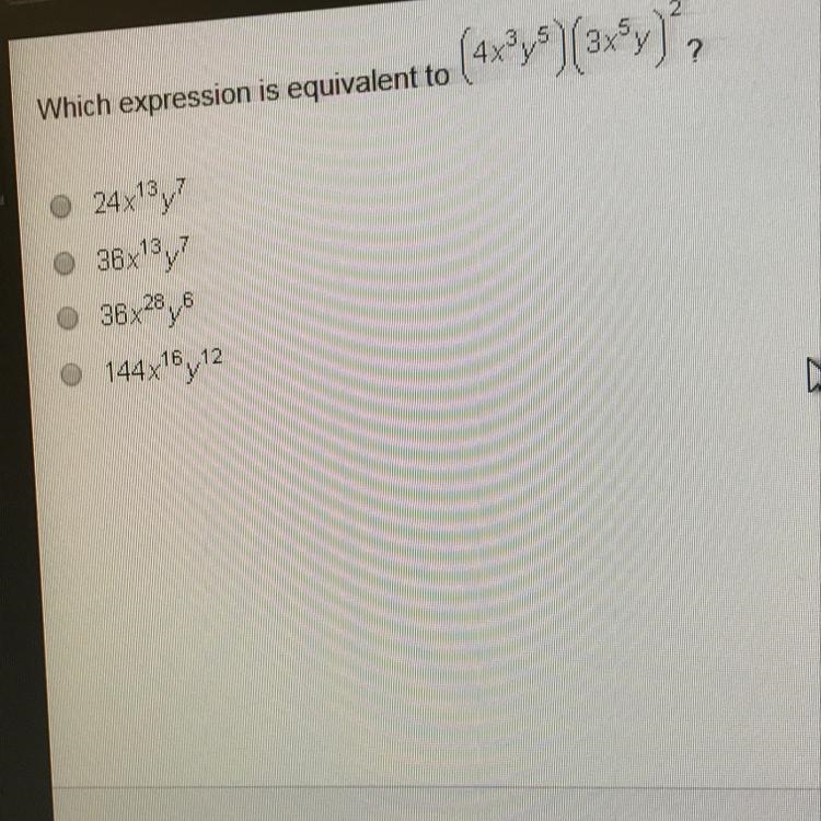 Which expression is equivalent to(4x3y5)(3x5y)2?-example-1