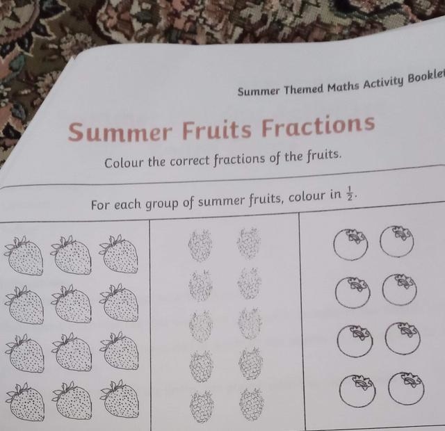 For each group of summer fruits, colour in 1/2 NEED TO BE Done ASAP!!!-example-1