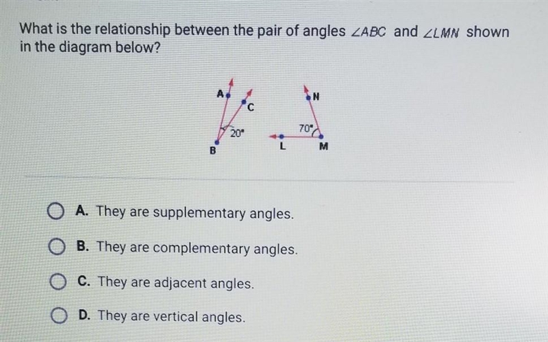 What is the relationship between the pair of angles ABC and LMN shown in the diagram-example-1