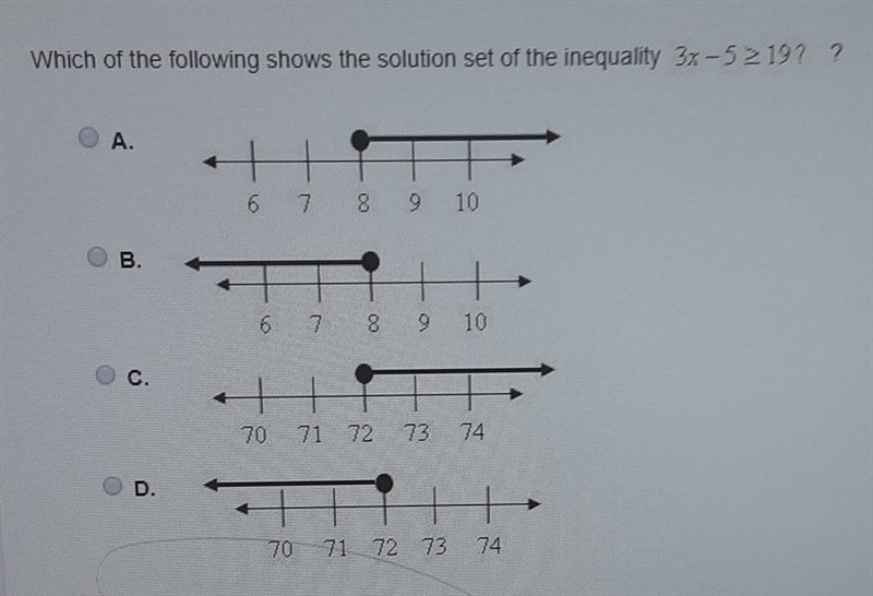 Which of the following shows the solution set of the inequality 3x-5>_19?​-example-1