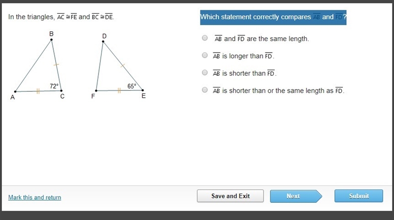 Which statement correctly compares AB and FD?-example-1