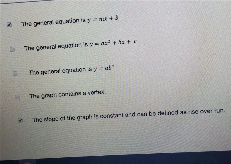 Which of the statememts below are true for linear functions? Select all that apply-example-1