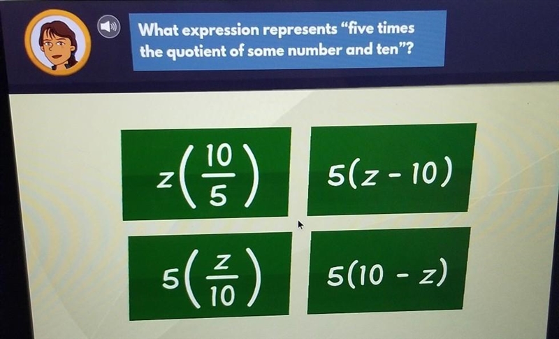 What expression represents five times the quotation of some number and ten​-example-1