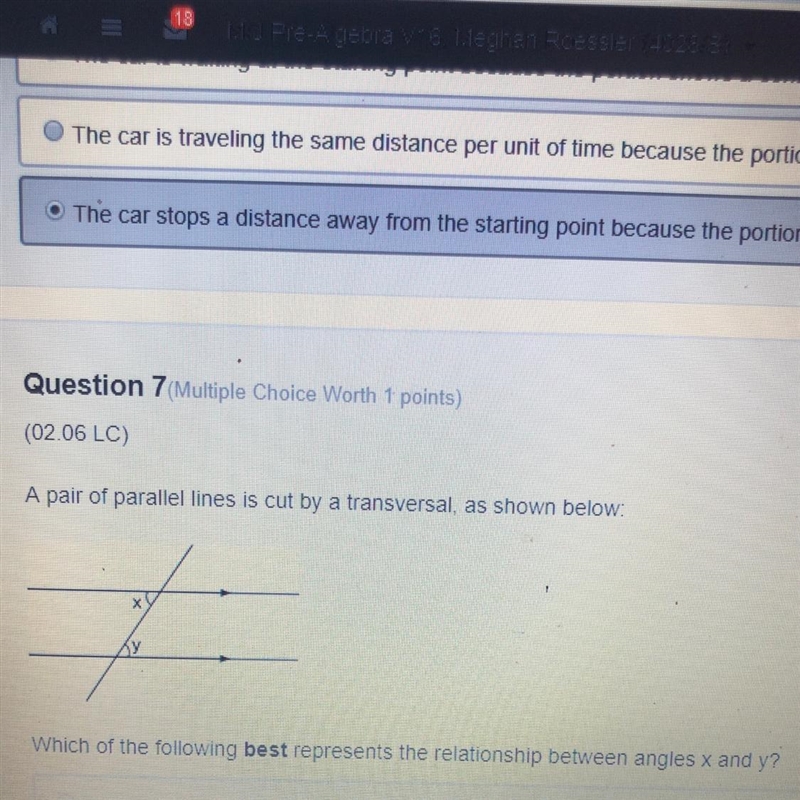 A pair of parallel lines is cut by a transversal, as shown below:-example-1